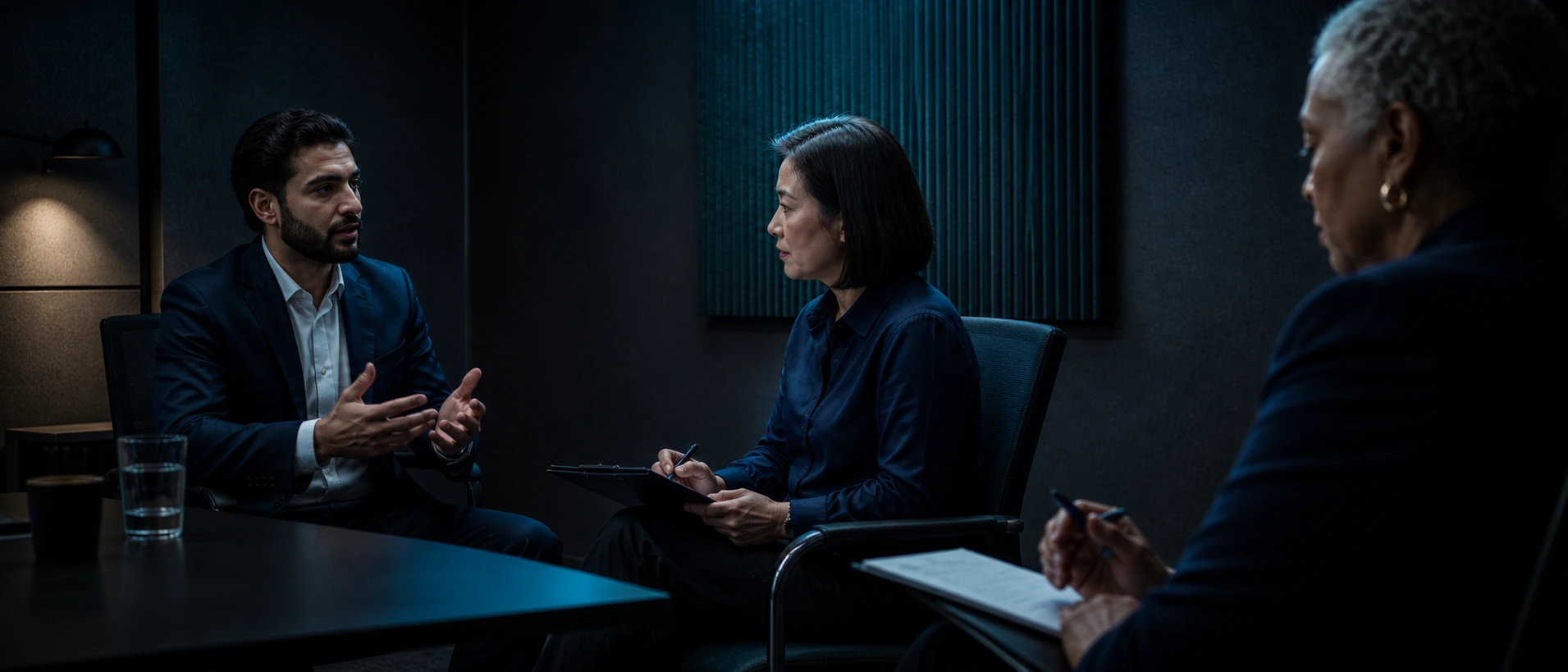 A candidate works a scenario while two evaluators score the decision against the expert standard.